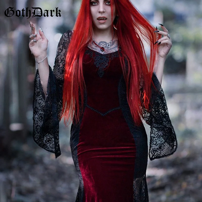 

Goth Dark Eleagnt Gothic Vintage Women Party Dresses Grunge Velvet Bodycon Flare Sleeve Night Dress Lace Patchwork Alt Clothes