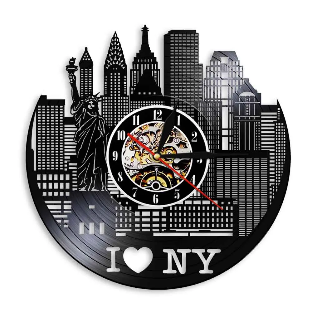 I Love NY Cityscape настенные часы современный дизайн Нью-Йорк Skyline виниловые Творческий