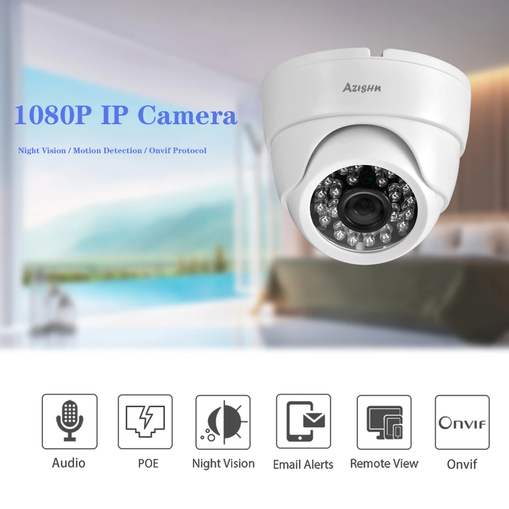 AZISHN 1080P 48V POE IP купольная камера Камера H.265 безопасности домашняя сетевая HD 2.0MP