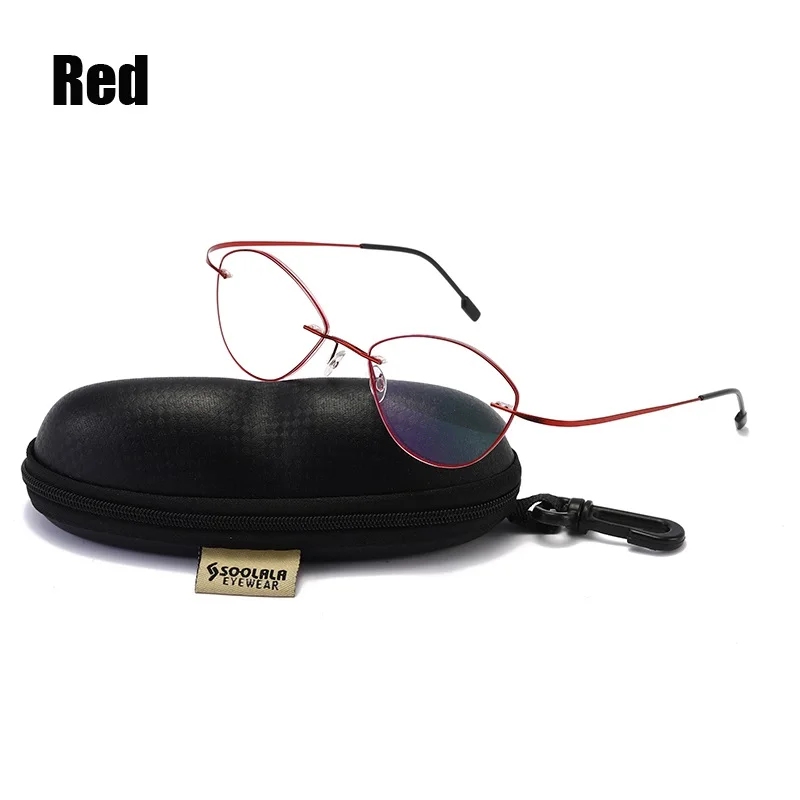 Cat Eye Red SOOLALA Для женщин Для мужчин Титан Нержавеющая сталь очки для чтения без оправы высокого класса легкого чтения очки с Чехол+ 1,0 до 3,5 - Цвет оправы: Cat Eye Red