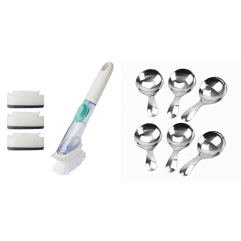 

1 Set Scrub Sponge with Handle & 6 Pcs Stainless Steel Short Handle Spoons