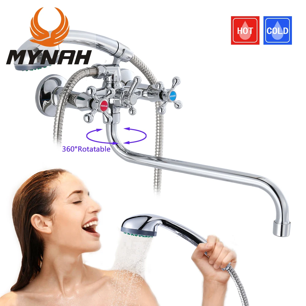 mynah chromed wall mounted long spout double handle bathtub shower faucet set bathroom water tap silver shower hand shower free global shipping