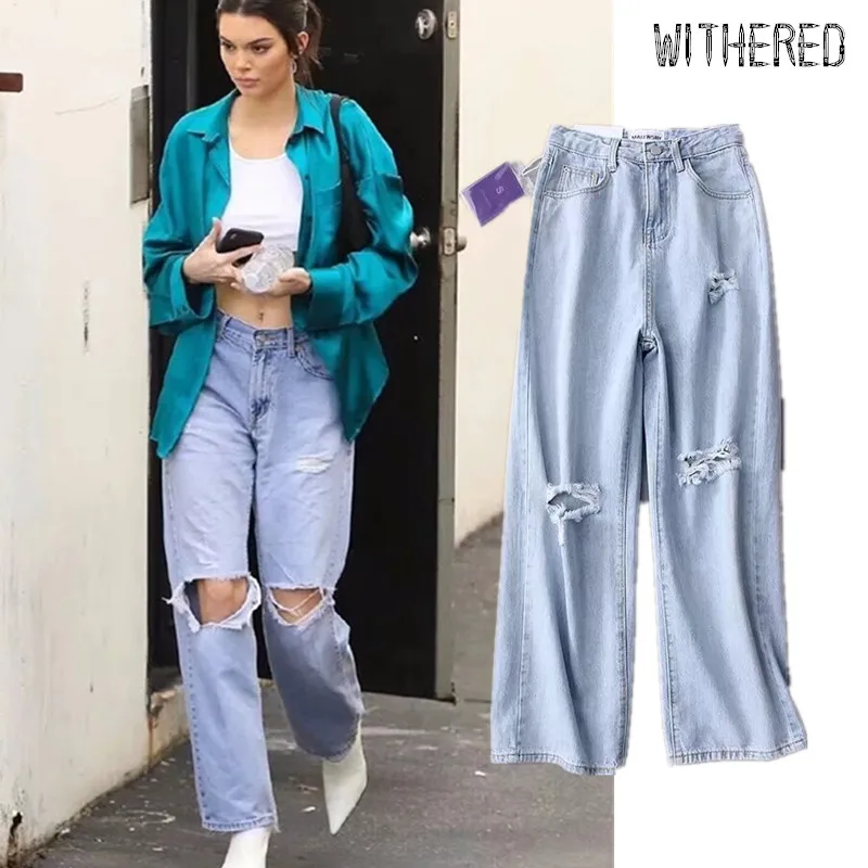 Увядшие высокие уличные kendall винтажные джинсы для мамы женские с высокой талией джинсы свободные рваные джинсы для женщин Джинсы бойфренда для женщин