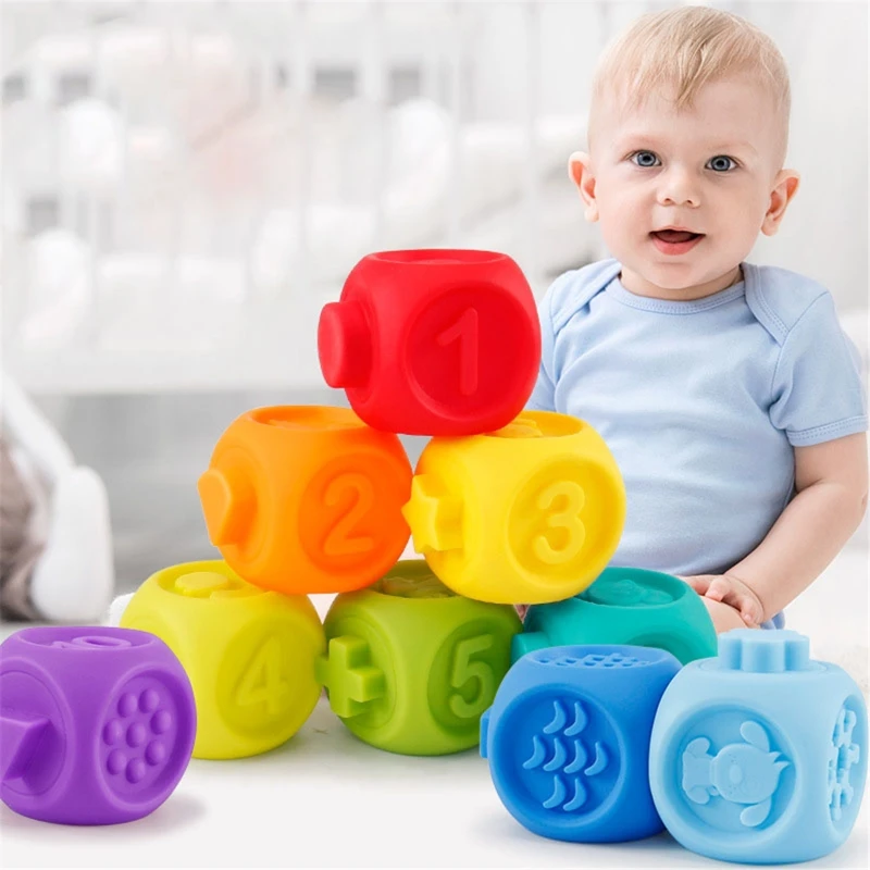 

Baby Soft Toys Sensory Silicone Educational Building Blocks 3D Babies Rubber Teether Squeeze Bath Toys For Toddlers Infant