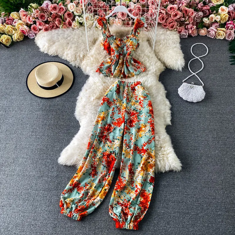 

Summer Strapless Chiffon Floral Tank Top Set For Women 2021 Casual High Waist Wide leg Pants Suits Ladies Trousers 2 Pieces Sets