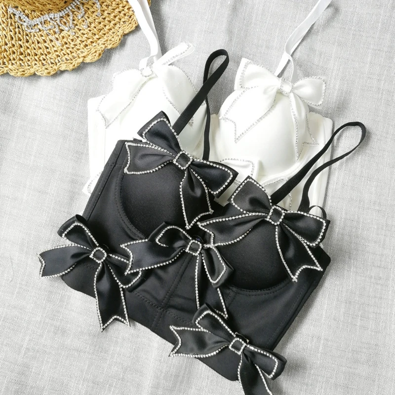 

Women Sweet Shiny Rhinestone Bow Bustier Bra Solid Color Spaghetti Strap Push Up Corset Crop Top French Style Sleeveless Camisol