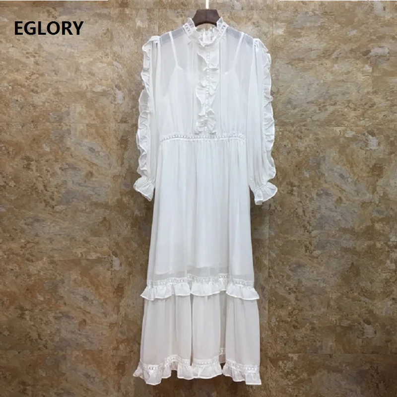

Top Quality Designer Party Evening Vestidos Women Ruffled Collar Hollow Out Lace Embroidery Elegant White Black Luxury Dress
