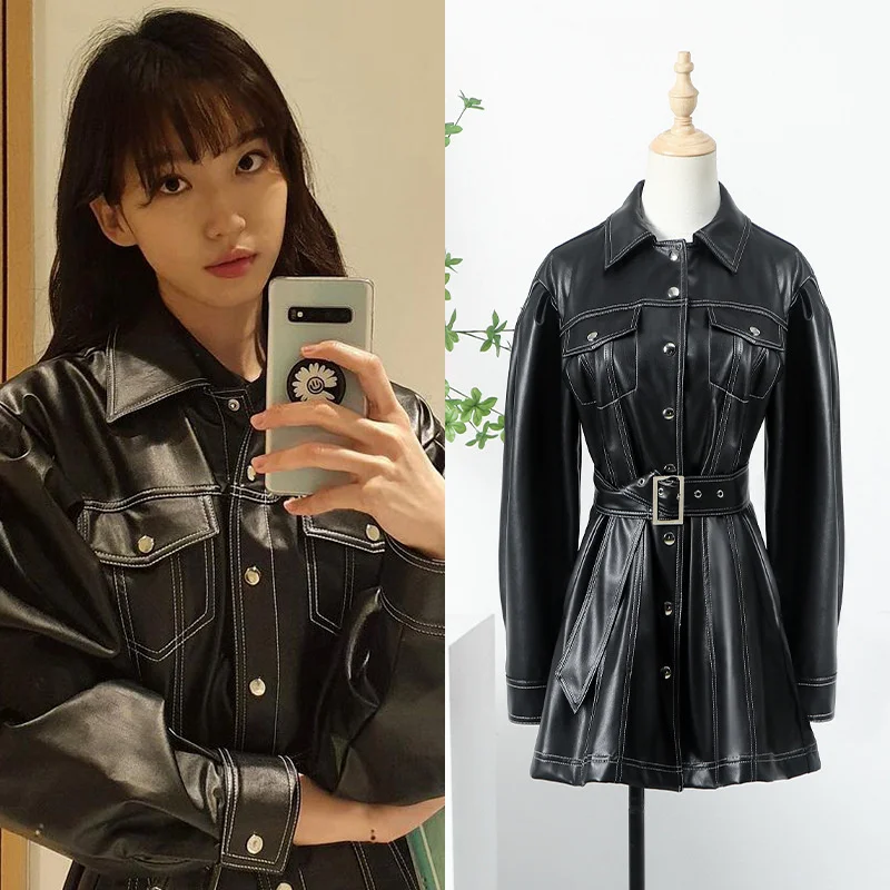 

[] top floor Xijing same locomotive fried Street medium long black leather coat women's autumn cardigan dress autumn