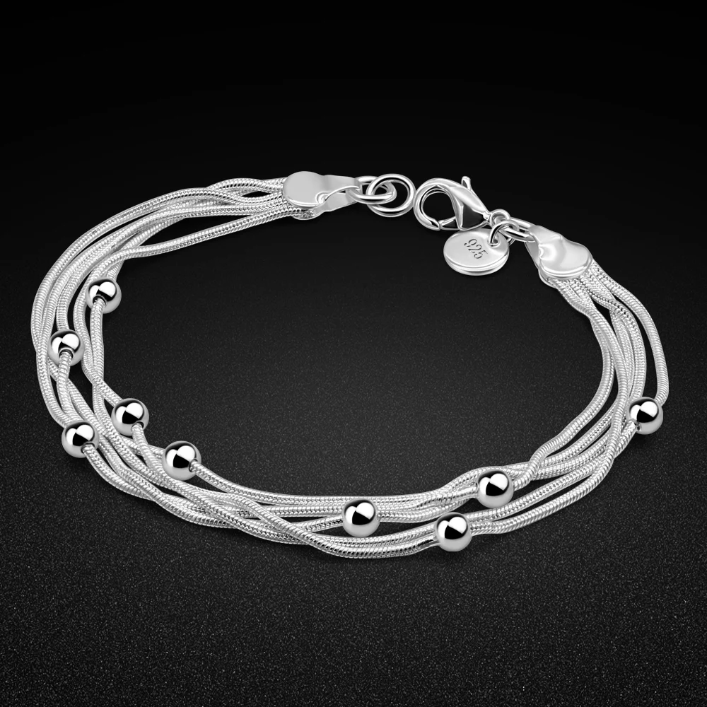 

New Women's 925 Silver Charm Jewelry Minimalism Multilayer Snake Chain Bracelet Lobster Clasp Accessory Holiday Gift