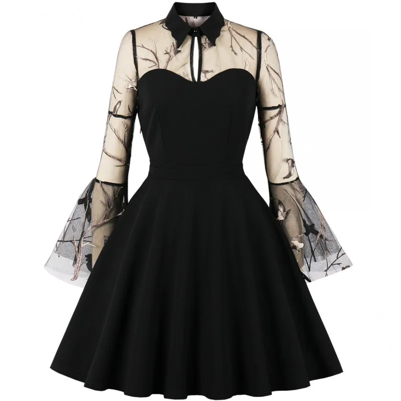 

Mesh Splice Dresses For Women Turn Down Collar Corset Gown Fashion New Sexy Gauze See Through Halloween Punk Style Dress Vestido
