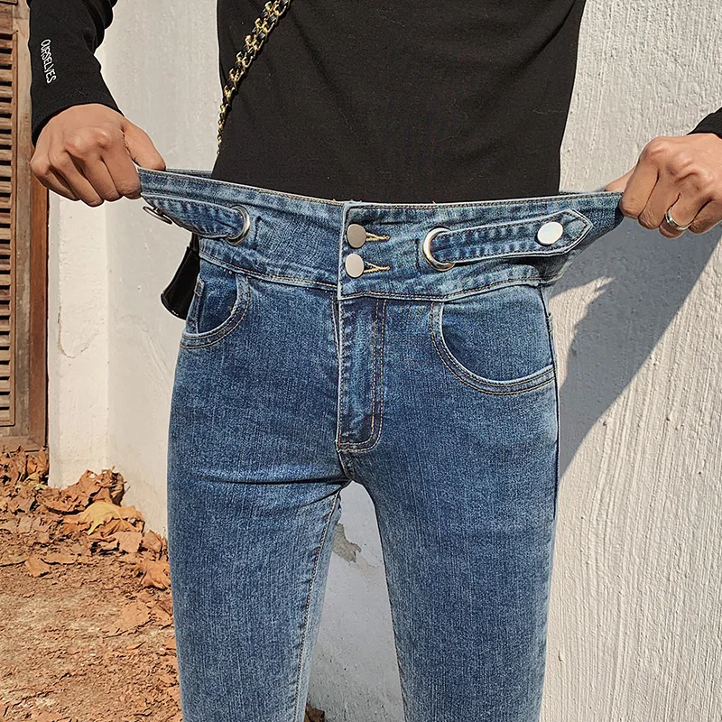 

Узкие джинсы, женские джинсы с завышенной талией и двумя пуговицами, узкие женские джинсовые брюки, весенние женские джинсы с завышенной та...