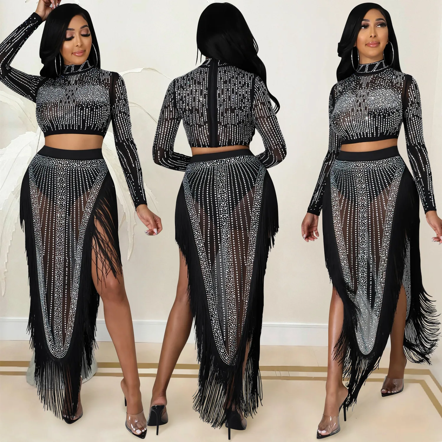 

Women's sexy nightclub diamond mesh perspective long tassel split skirt two-piece temperament Fashion Party Dress