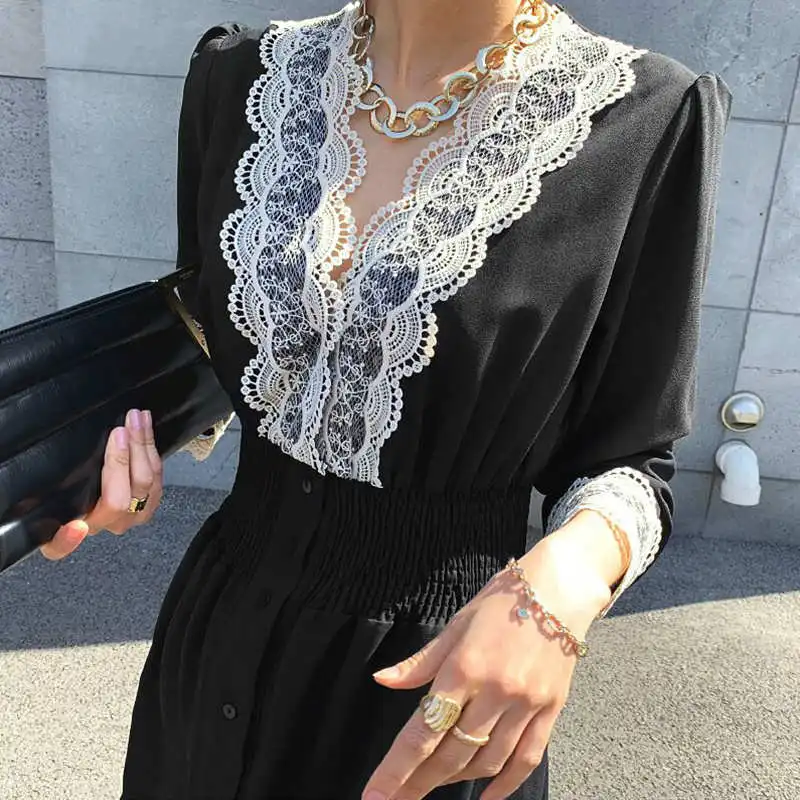 

V Neck Lace Hook Flower Elegant Dress Women High Waist Hip A Line Long Vestidos Draped Design Slim Robe Spring 2021 New