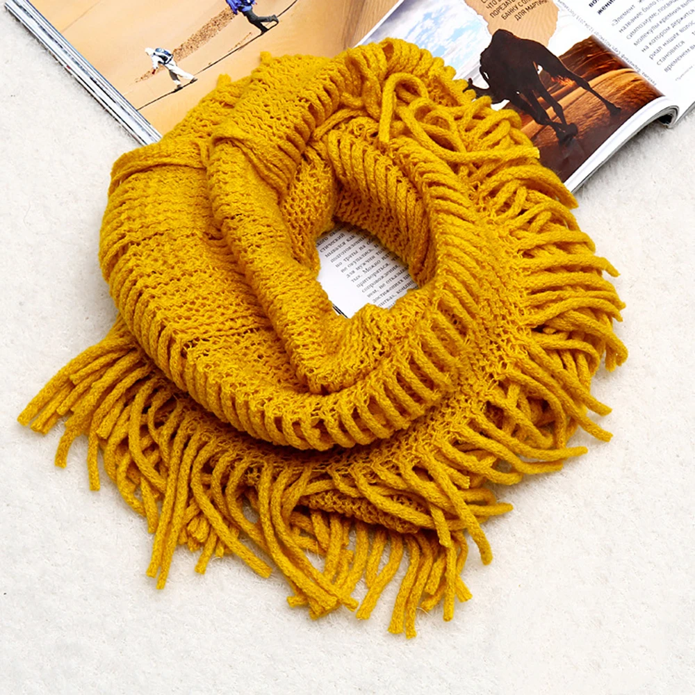 Women Wool Knit Tassel Warm Fall Winter Infinity Scarf Soft Shawl fringed bib Female Cashmere Wrap Blanket Tippet |