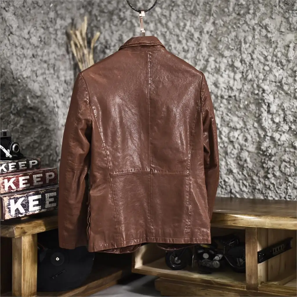 Мужской коричневый винтажный Повседневный блейзер из овечьей кожи с