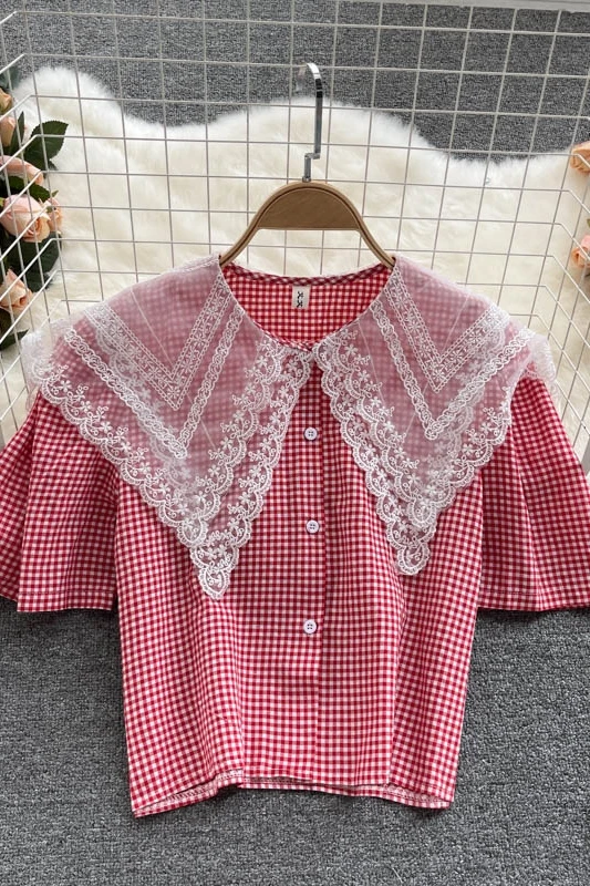 

French Peter Pan Collar Plaid Patchwork Lace Thin Chic Sweet New 2021 Hot Women Plus Summer Puff Sleeves All Match Loose Shirts