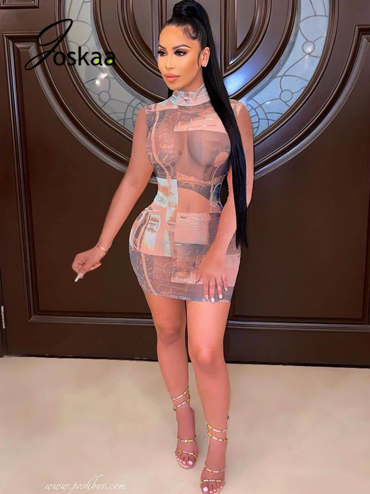 

Joskaa Vintage Mesh Sheer Printed Sleeveless Mini Dresses Summer Sexy Bandage Club Party Outwear Birthday 2021 Night Clothing