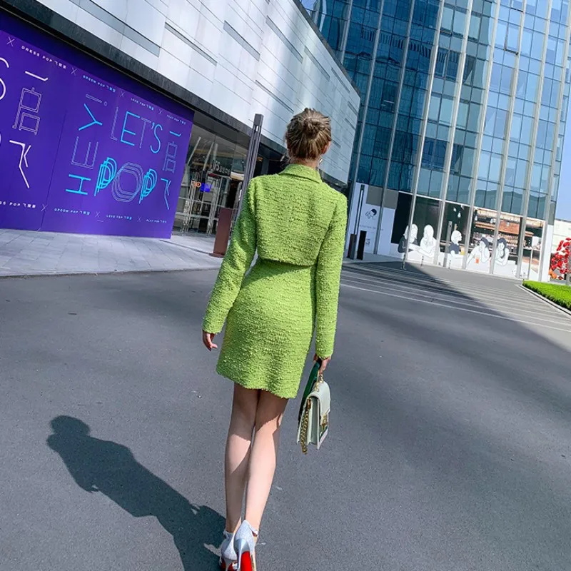 High Quality Women Tweed Two Piece Set Pearls Button Sundress Short Jacket Matching Sets Office Ladies Work Slim Fit Outfits