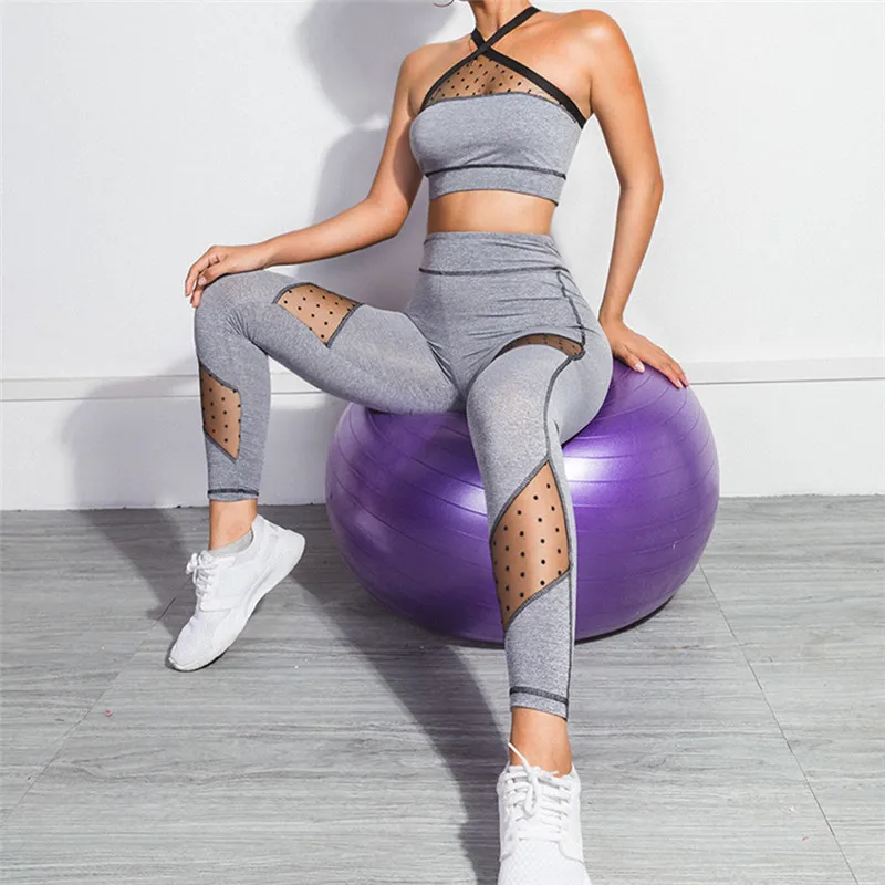 

Women Hot Set 2 Piece Sexy Vital Seamless Sport Suit Gym Clothes Fitness Top Shirt High Waist Sportswear Net yarn