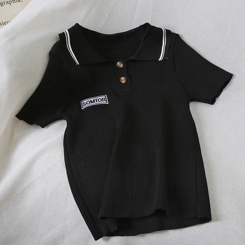

T Shirt Women Turn Down Collar Short Sleeved Embroidery Letter Knitting Tees Shirt Summer Fashion Pullover Female Buttons Tshirt