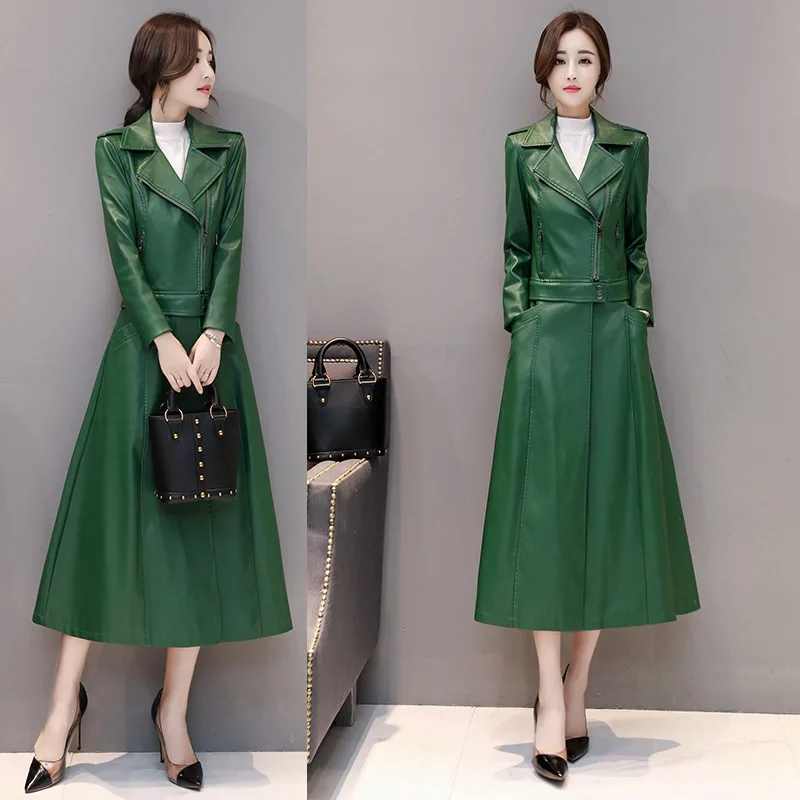 Женское кожаное замшевое х-длинное пальто куртка весна-осень женское облегающее