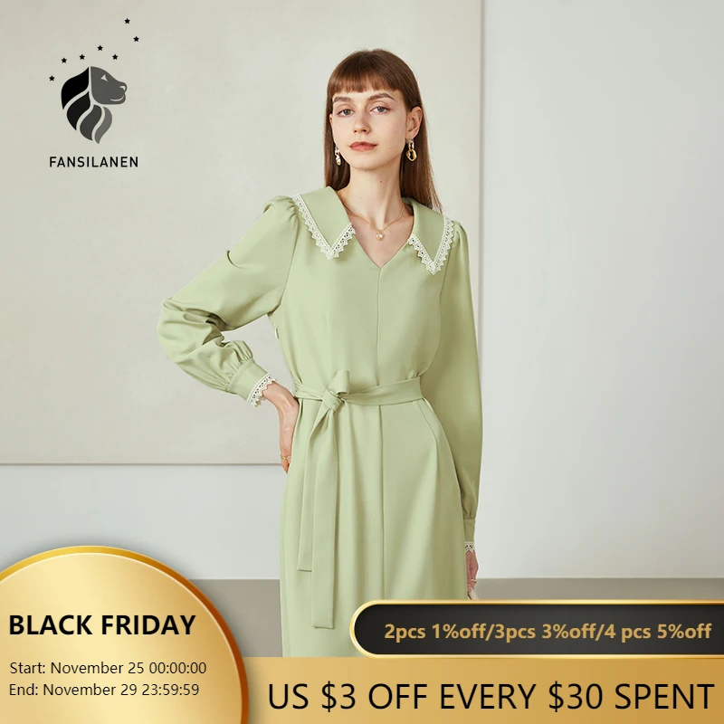 

FANSILANEN Office Lady Loose Green High Waist Temperament Lace Collar Dress Autumn 2021 New Women's Long Sleeve V-neck Dress