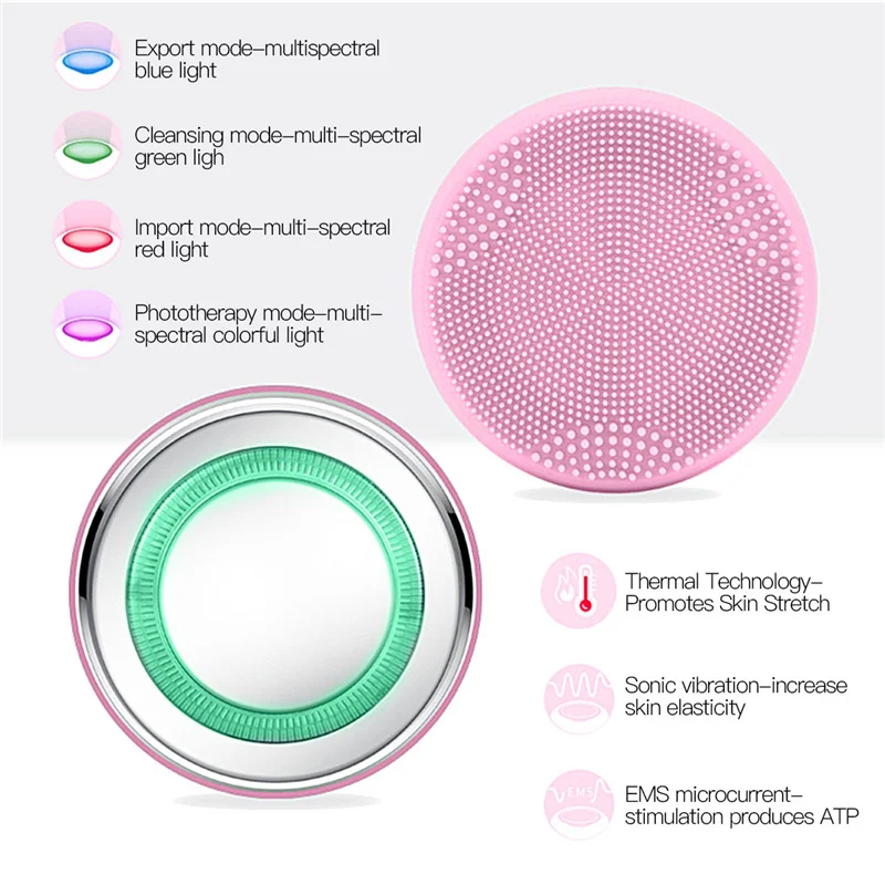 

Waterproof Silicone Face Cleaning Ultrasonic Electric EMS Microcurrent Massage Brush Cleansing LED Light Photon Therapy Import