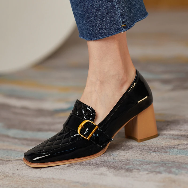 

Genuine Patent Leather Women Shoes Slip-On Retro Belt Buckle Shoes Thick Heel Fashion Spring/Autumn All-match Pumps Size 34-40