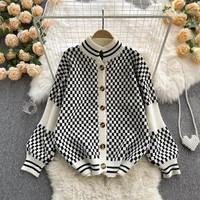 2021 winter new y2k womens oversized sweater knitted plaid crew neck loose cardigan tops casual party patchwork long sweaters