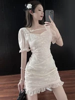 summer sexy socialite hollow out square collar puff sleeve pleated wooden ear sheath dress for women party dress elegant unique