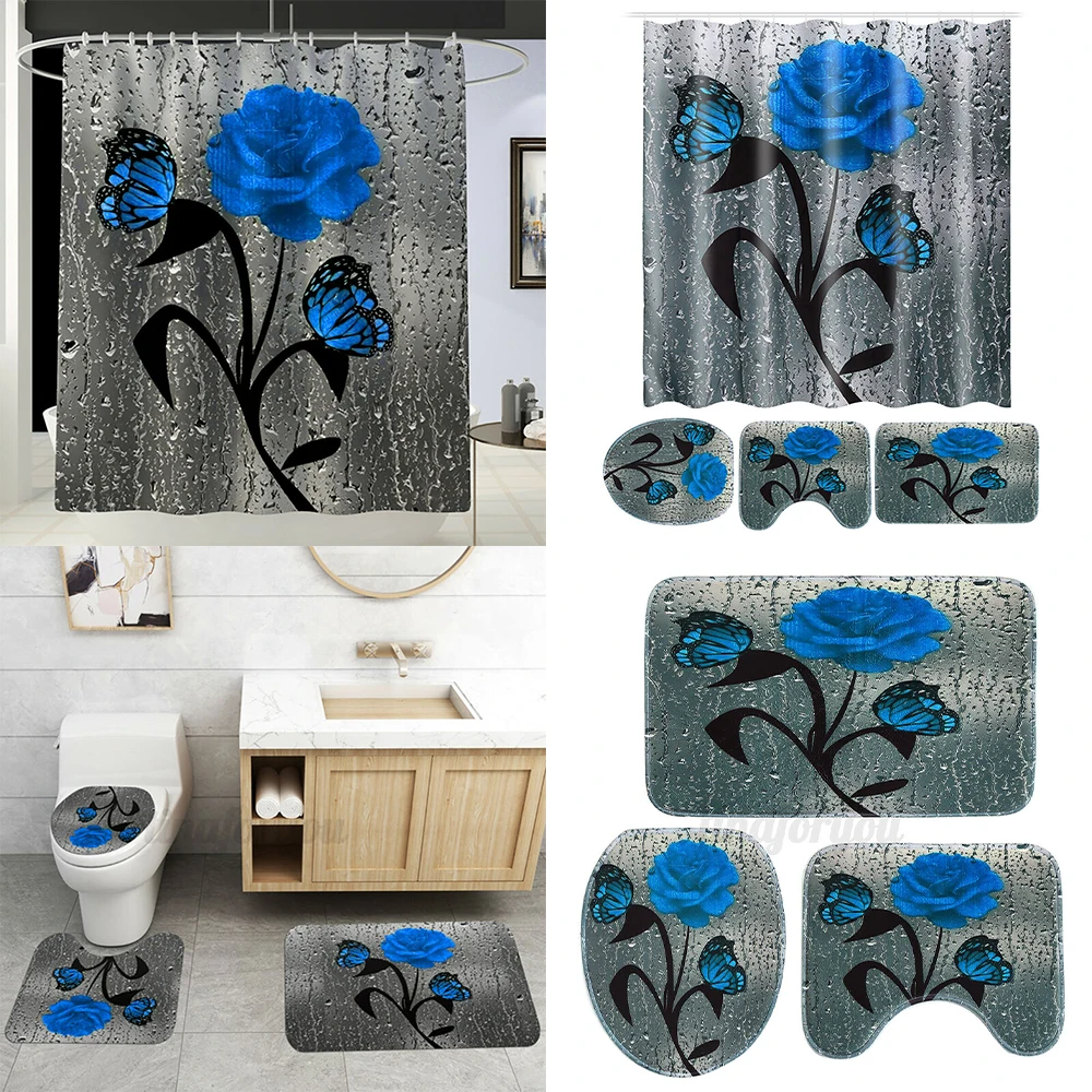 

Bathroom Kits Waterproof Shower Curtain Rings Hook Lid Toilet Cover Set 180x180CM Pedestal Rug+Lid Toilet Cover+Bath Mat