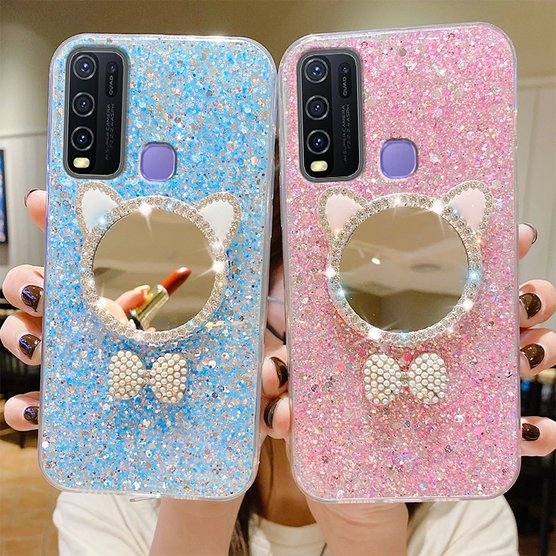 For vivo Y20 Case Cat Ears Soft Diamond Cases For vivo Y21 Y91 Y93 Y9S Y19 Y17 Y50 Y51 Y52S Y73S S1 Pro Make-up Mirror Cover