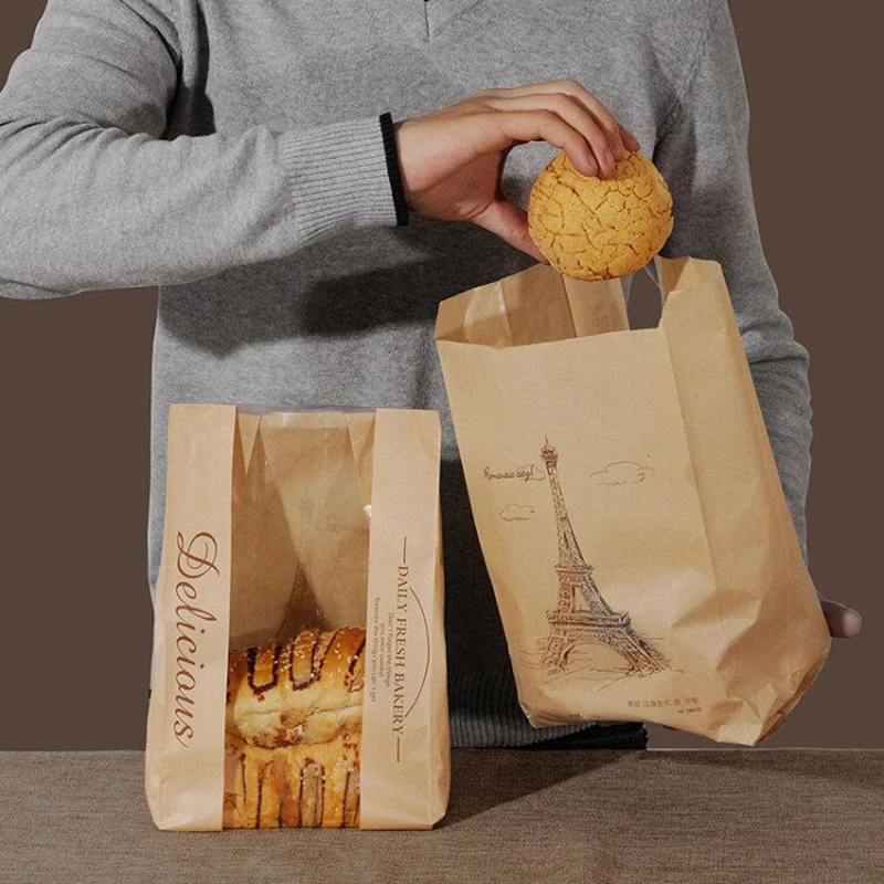 

20 PC Kraft Bag Window Baking Packaging Toast cookies Food Bread Paper Bag Printed Package Bakery Iron Tower Decor Souvenir Gift