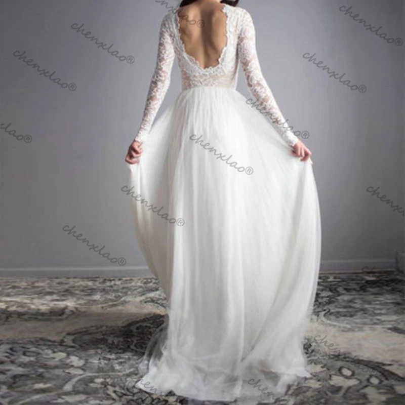 A line свадебное платье бохо кружева тюль Длинные свадебные платья рукава Простой