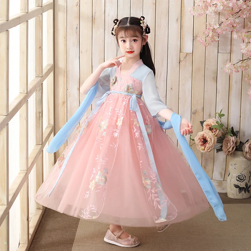 

Spring Summer Chiffon Children Ancient Hanfu Girls Chinese Lovely Traditional Tang Suit Kids Embroidery Perform Costumes