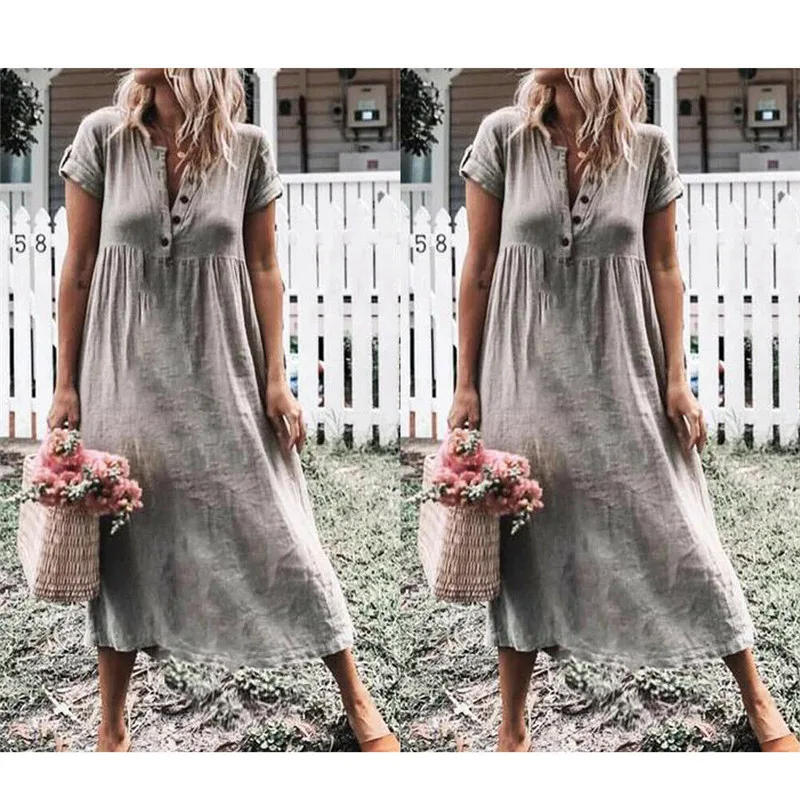 Женское платье макси из хлопка и льна с длинным рукавом|Женские платья| |