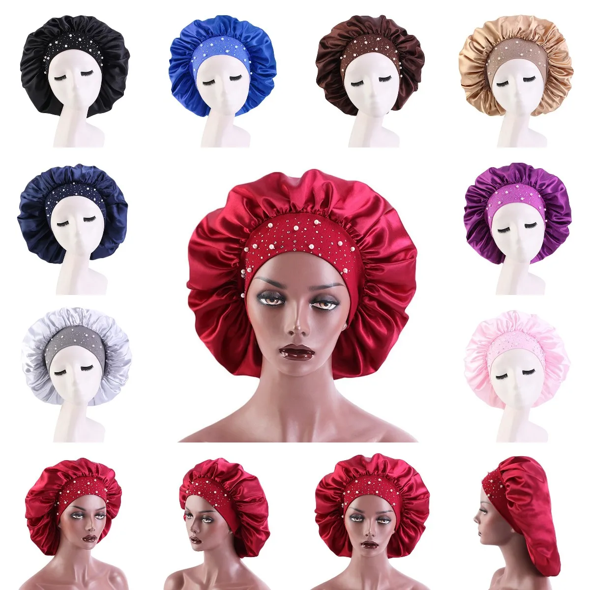 

Women Pearl Rhinestone Decor Satin Sleep Caps Hair Protection Care Elastic Solid Color Hairdressing Shower Cap Night Hat Bonnet