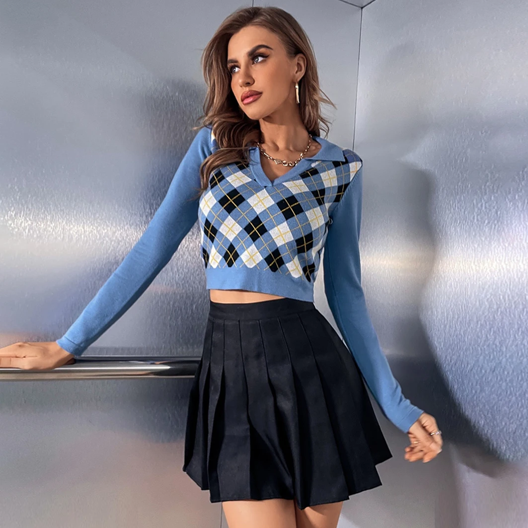 

HELIAR женские 2022 весенние клетчатые футболки женские трикотажные футболки с длинным рукавом и v-образным вырезом консервативные лоскутные фу...