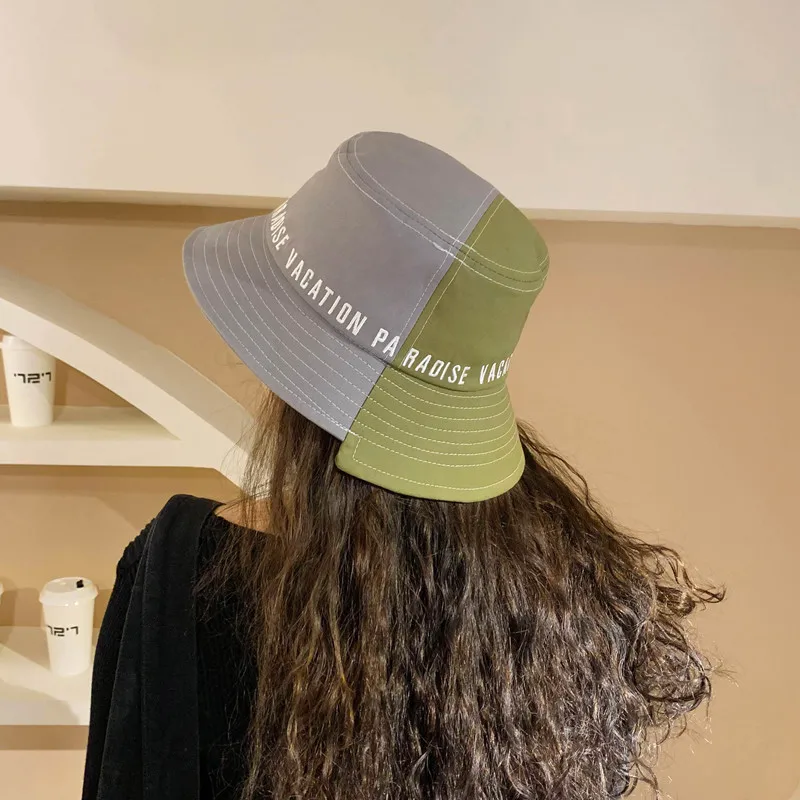 

Woman PatchWork Big Brim Embroidery Letters Bucket Hat Fisherman Hat Wild Two-color Stitching Net Sun Protection UV Visor Cap