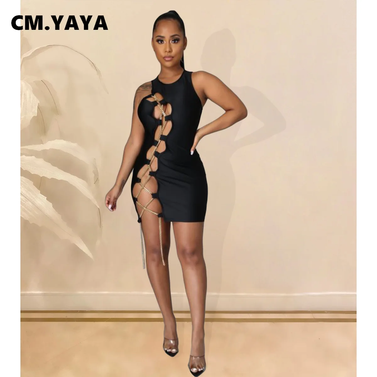 

CM.YAYA Women Mini Dress Solid Sleeveless Chain Lace Up Hollow Out Bodycon Strechy Dresses Sexy Night Club Party Vestidos Summer