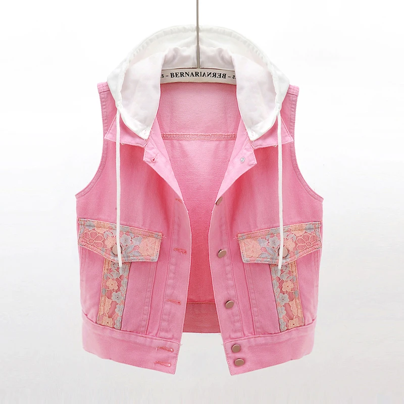 Модный розовый белый жилет женский джинсовый с кружевными вставками Съемная