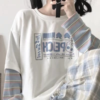 qweek kawaii fake two piece t shirt women 2021 japanese streetwear long sleeve tee female tops striped cute alt clothes autumn