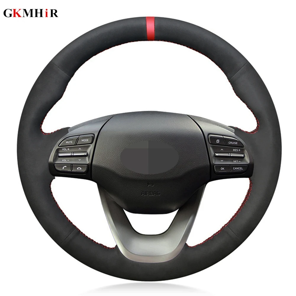 

DIY Hand-stitched Black Genuine Leather Suede Car Steering Wheel Cover For Hyundai Kona 2018 2019 2020 Accessories