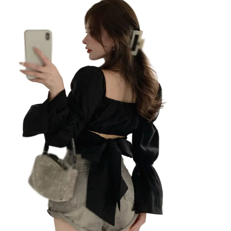 

Женская винтажная блузка с бантом, мягкая простая однотонная воздухопроницаемая универсальная блузка с квадратным вырезом для отдыха, вес...