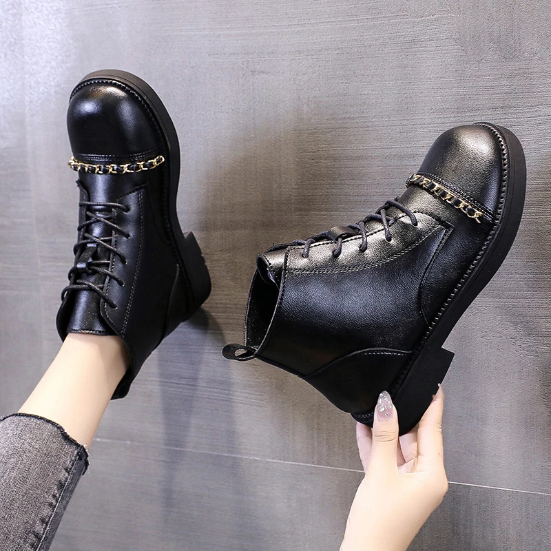 

British Style Motorcycle Boots Color Matching Boots Ankle Boots Martin Boots Women Winter New Thick-soled Lace-up Short Boots