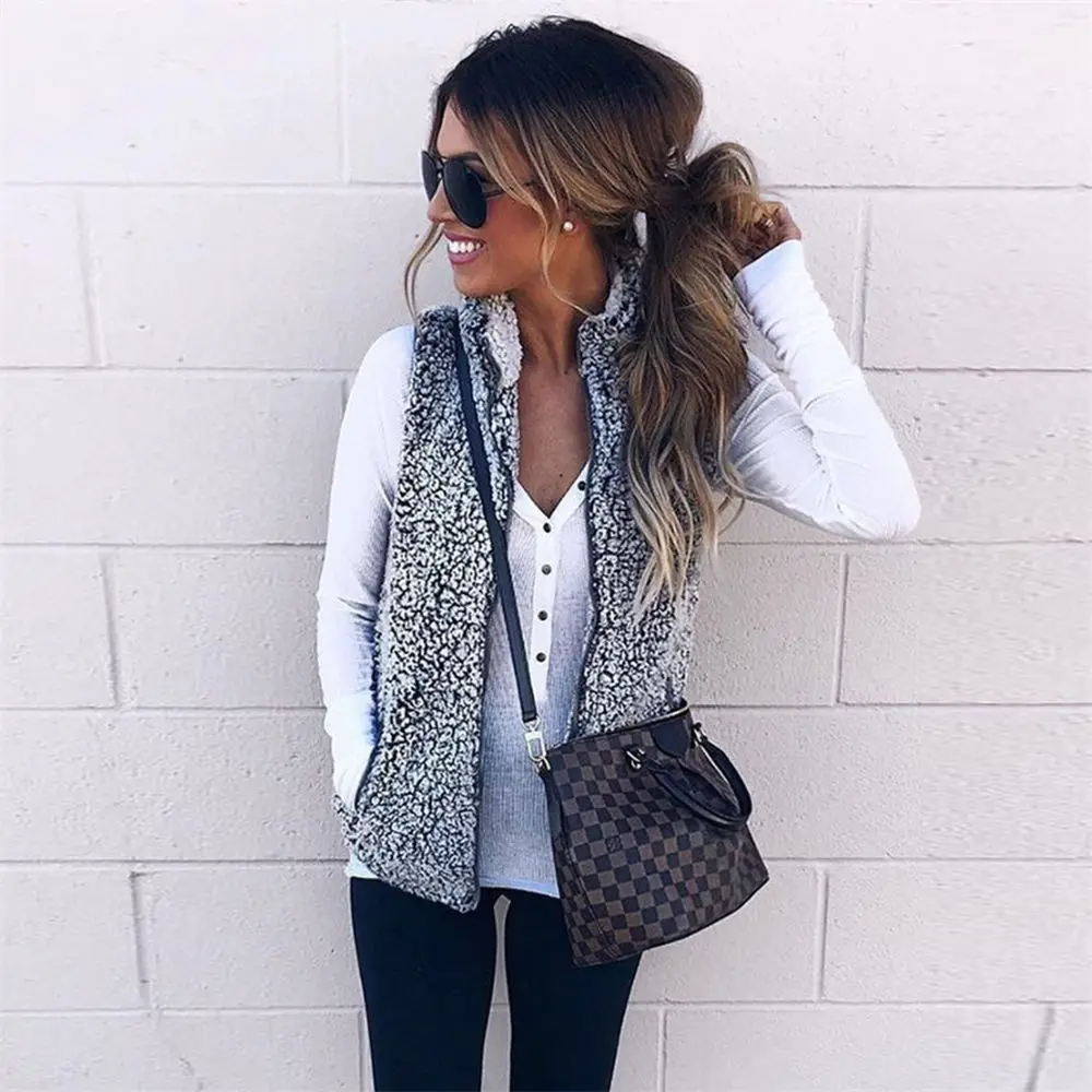 Женский шерстяной флисовый жилет двусторонний плюшевый свитер кардиган на