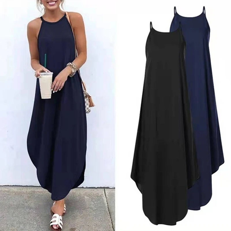 

Women Dress Casual Sleeveless Retro Halter Solid Beach Long Dress Round Neck Sling Fashion Beach Clothes New Summer 2023