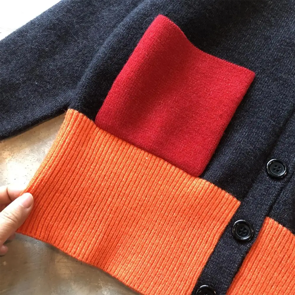 

Women V-neck Knitted Cardigan Color Patchwork Wool Lady Long Sleeve Sweater Coat Knitwear Female Single Breasted Outwear Tops