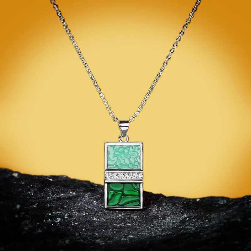 New 925 Silver Ladies Necklace Handmade Enamel Epoxy Creative Emerald Green Geometric Pattern Sweater Chain |