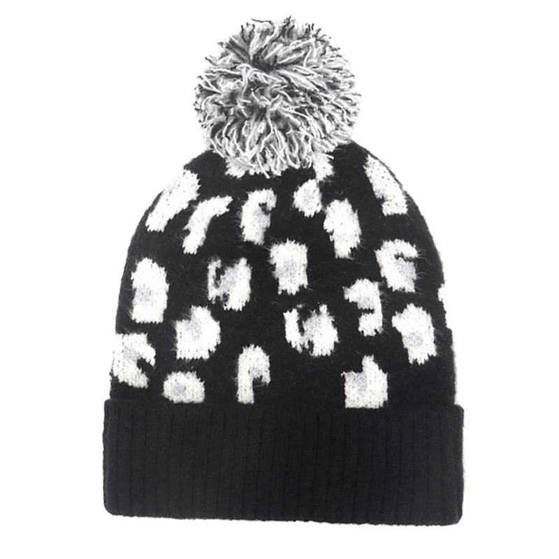 

Wool Beanies Women Fashion Leopard Knitted Hat Female Beanie Cap Pompom Winter Hat For Ladies